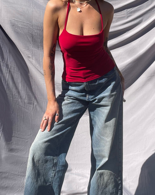 RED HALTER NECK PLAIN