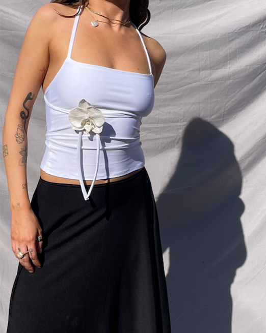 WHITE HALTER NECK WITH ORCHID